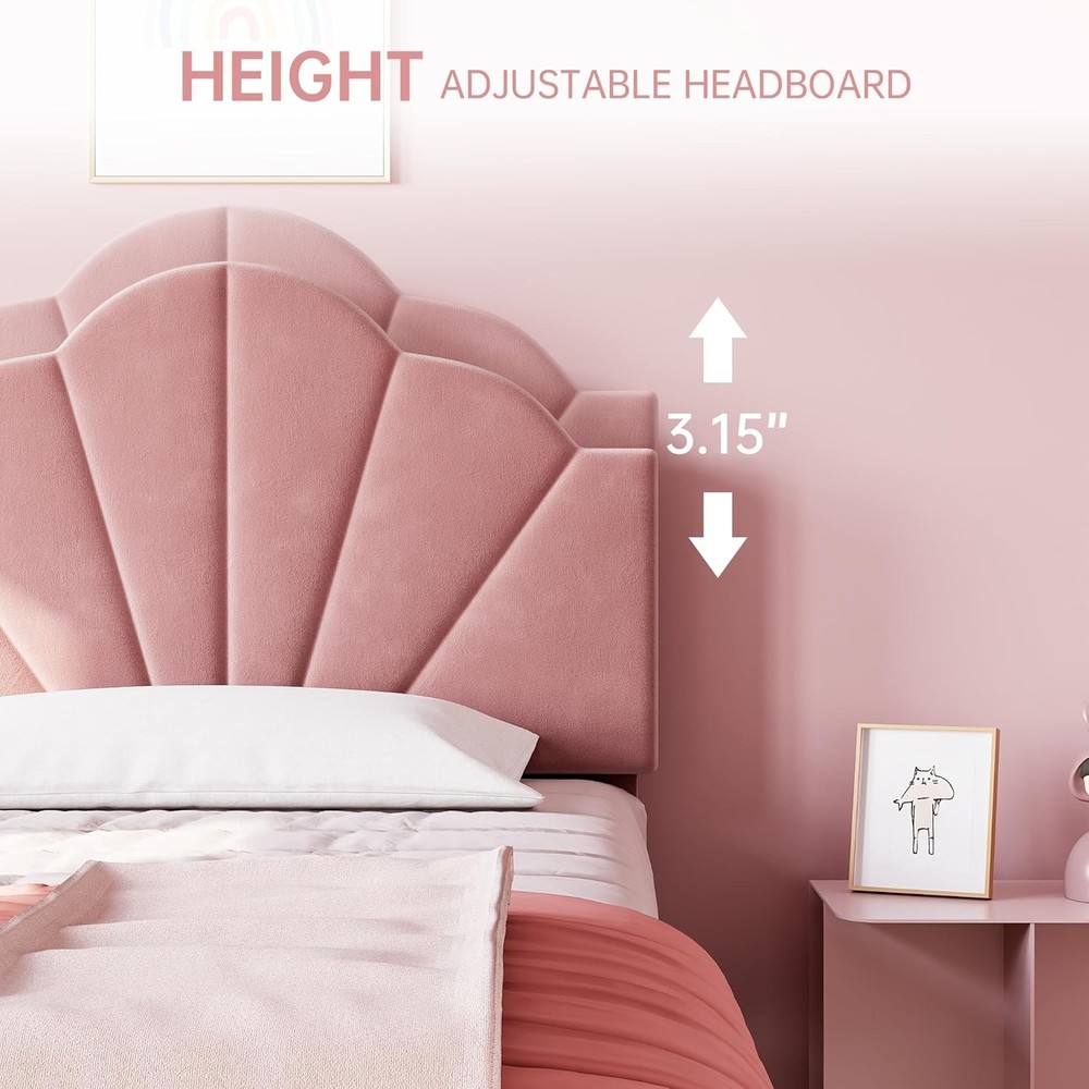 Pink Twin Bed Frame Velvet Upholstered Platform Bed Frame Adjustable Headboard