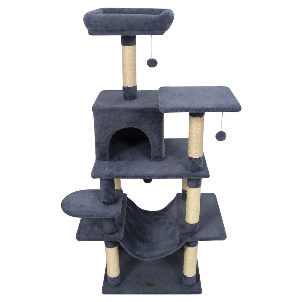 58” Tall Multi-level Cat Tree w/Upholstered Perch & Cat Condo, Comfy Hammock
