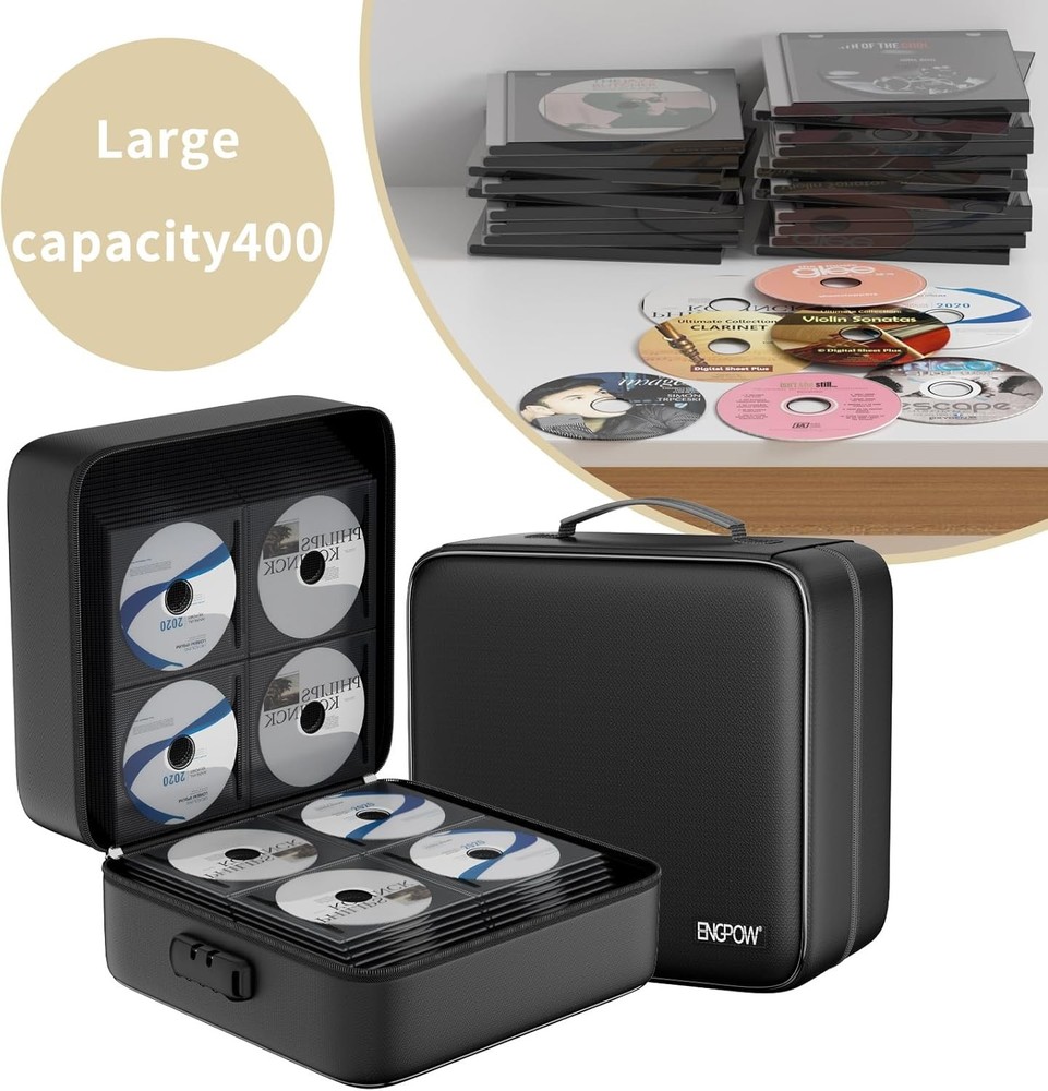 ENGPOW CD/DVD Storage Case with Lock,Fireproof 400 Capacity-with Lock