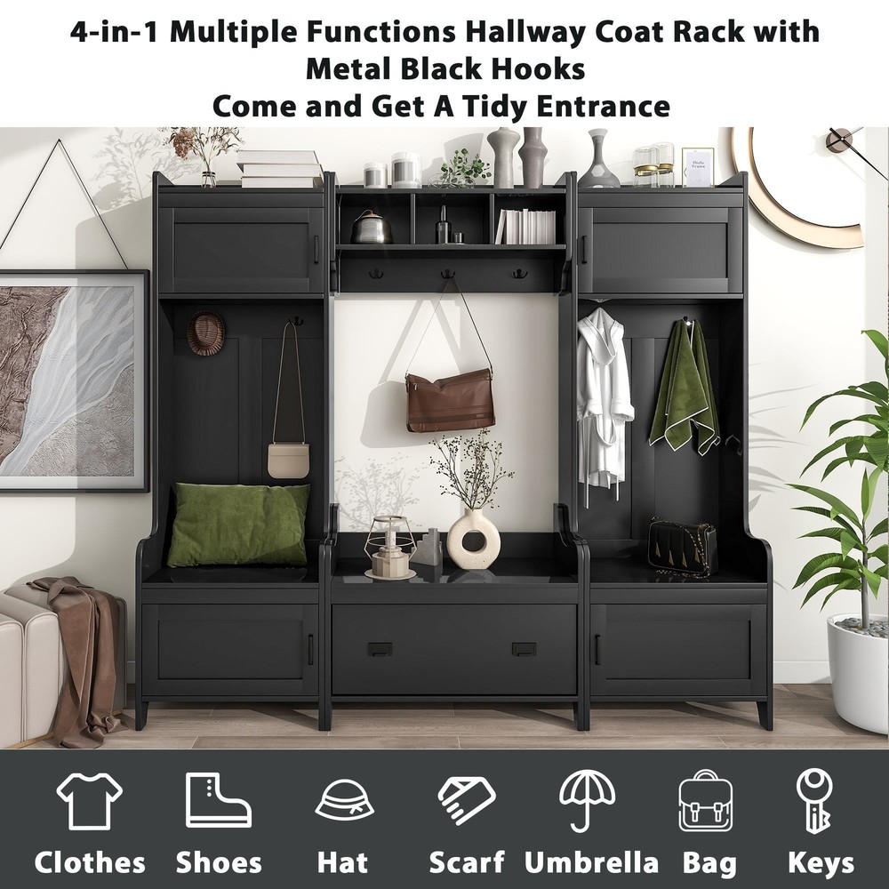 4-in-1 Multiple Functions Entryway Bench Hall Tree with Ample Storage Drawer
