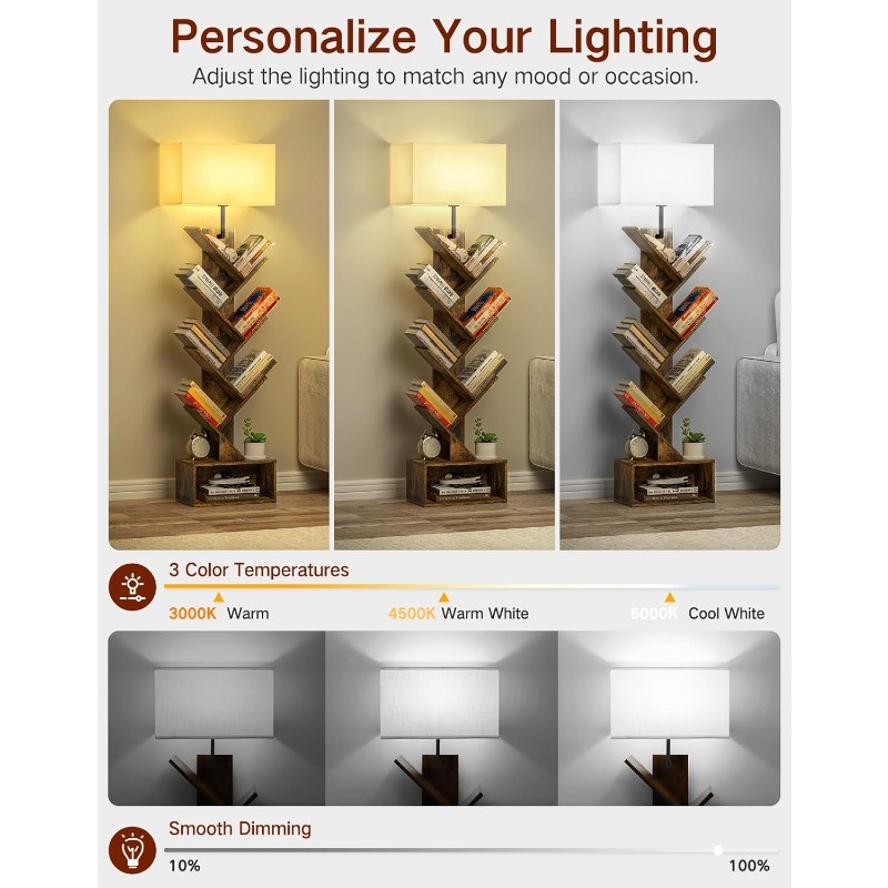 6 Tier Tree Bookshelf Light Remote Timer Modern Tall Floor Standing Book Shelf