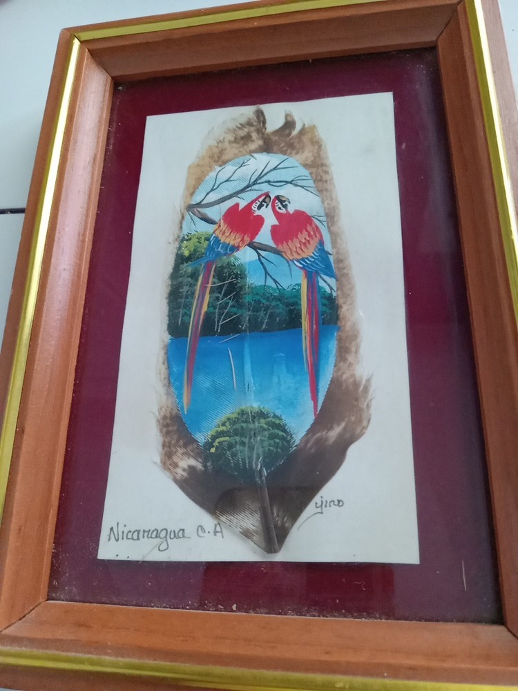 Vintage Beautiful Framed Two PARROTS Hand Painted Signed