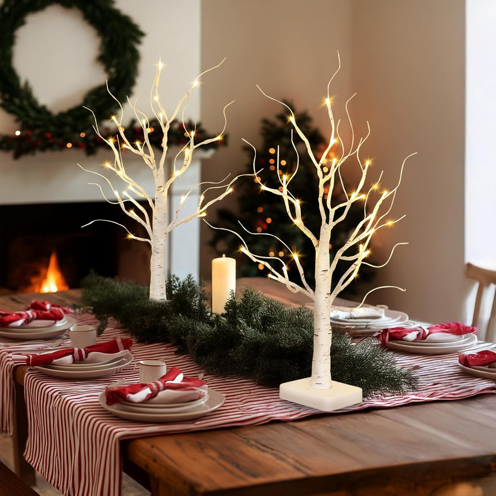 Lighted Birch Tree, 2 Pack Christmas Tree with 24 LED, Tabletop Centerpiece A...