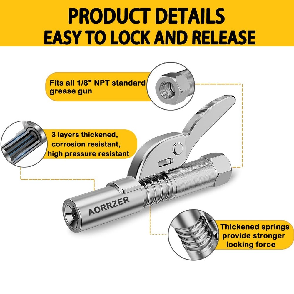 AORRZER Grease Gun Coupler, Strong Lock on Greases 1 pcs+hose, Silver