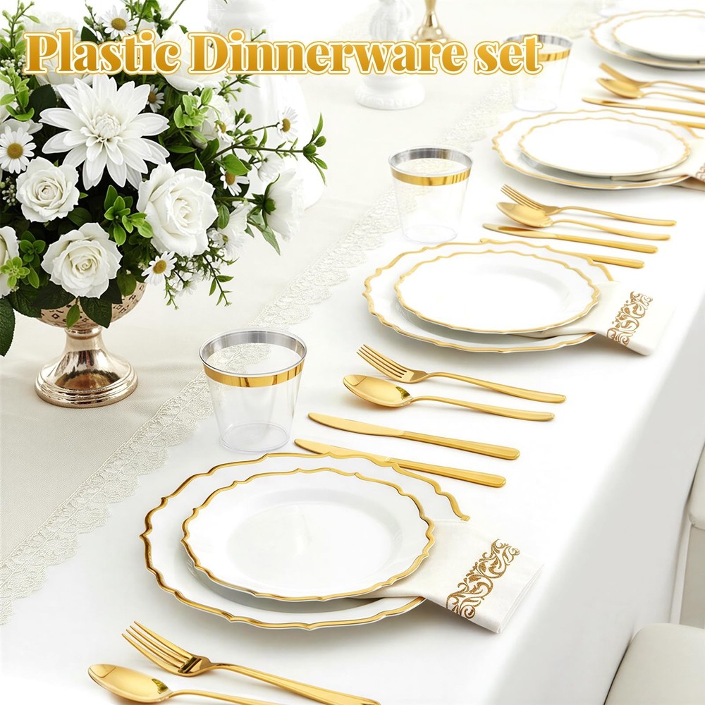 175 Plastic Dinnerware Set,Gold Disposable Dinnerware Set for 25 Guests Inclu...