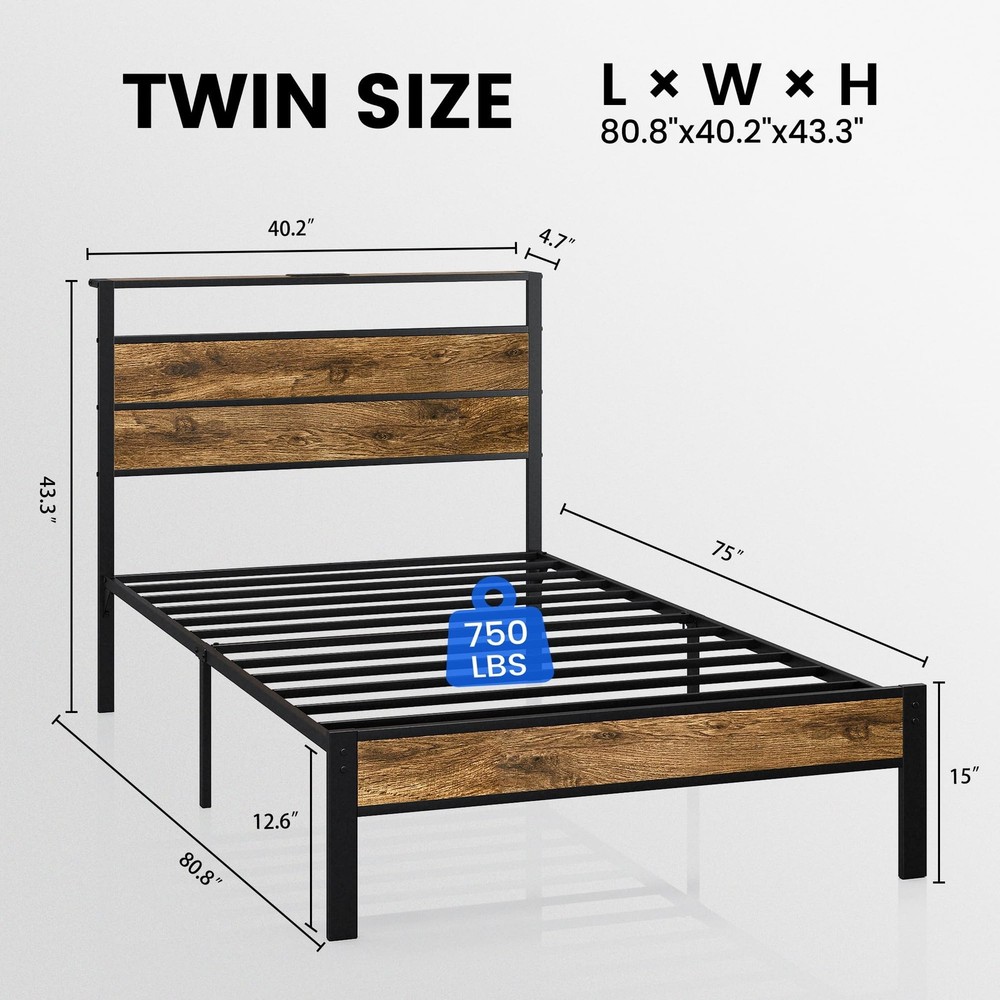 Twin Bed Frame with Storage Headboard USB Charging Station, Smart LED Lights,...