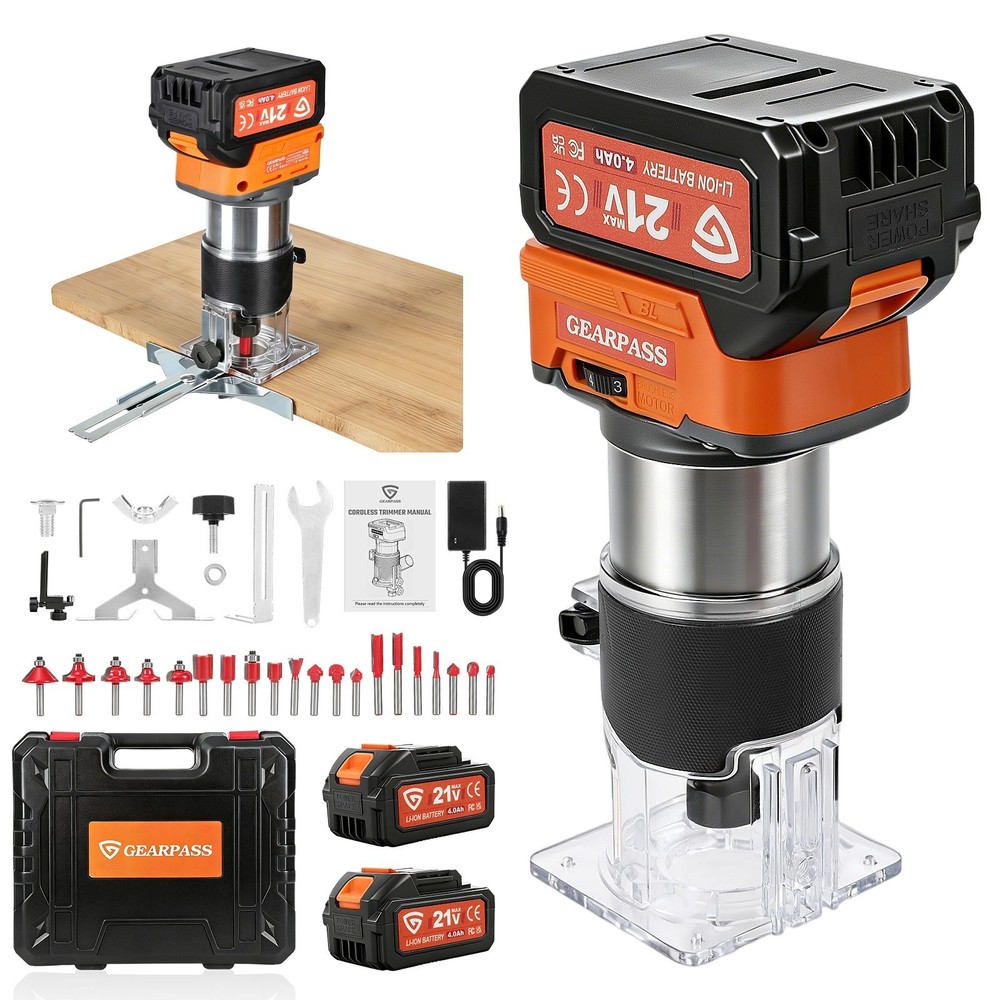 21V Cordless Multi-function Router With 20 Bits 2 Batteries Charger And Wrenches