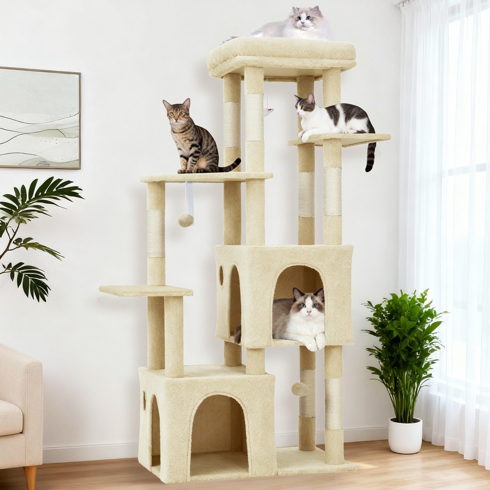 Multi-Level Cat Tree Tower with 2 Spacious Condos Durable Sisal Scratching Posts