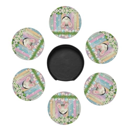6 Pcs Easter Eggs Bunny Coasters with Holder,Office Bar Dining Table Home