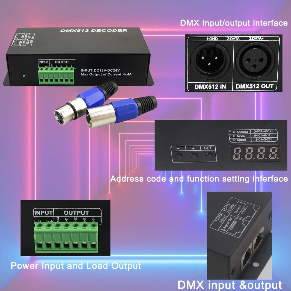 4 Channel DMX512 LED Decoder Controller Digital Display DC5V24V 4X4A RGB