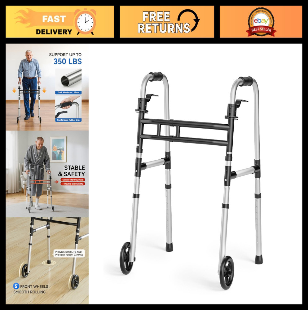 Lightweight Folding Walker for Seniors, Adjustable Height & Width, 5'' Front Whe