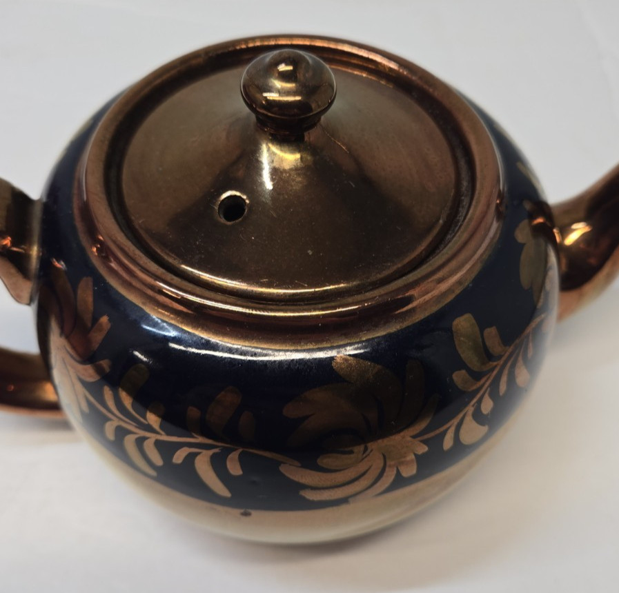 Copper Luster Teapot Blue Swirl Design Red Ware