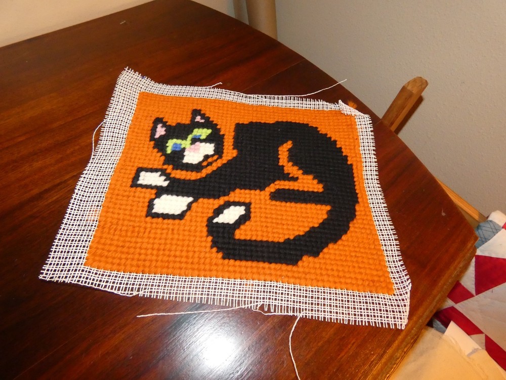 Black Cat Needlepoint Panel Hand Sewn