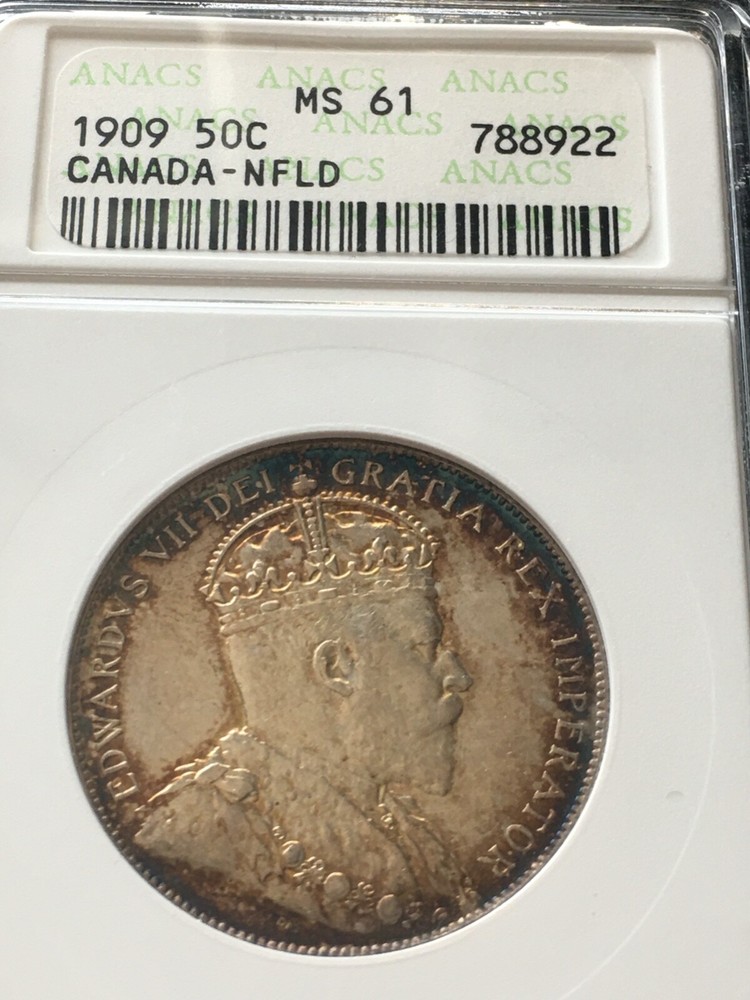 1909 ANACS Graded, Newfoundland ¢50 Cent, **MS-61**