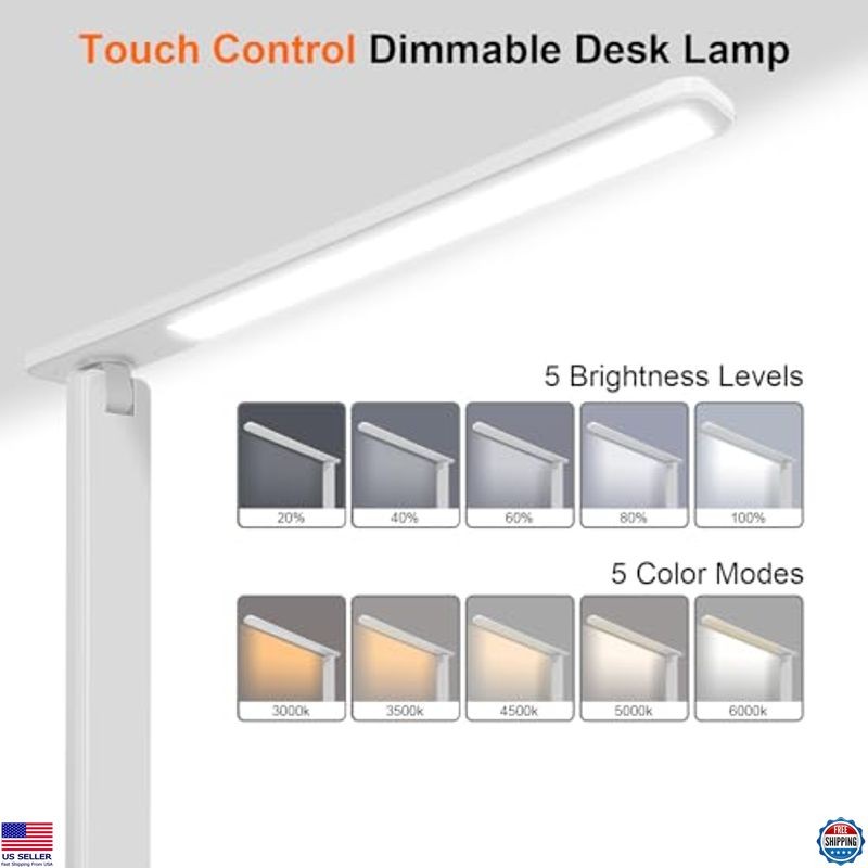Karidi 13.3" LED Desk Lamp - Dimmable, USB, 5 Modes, Touch Control, Foldable