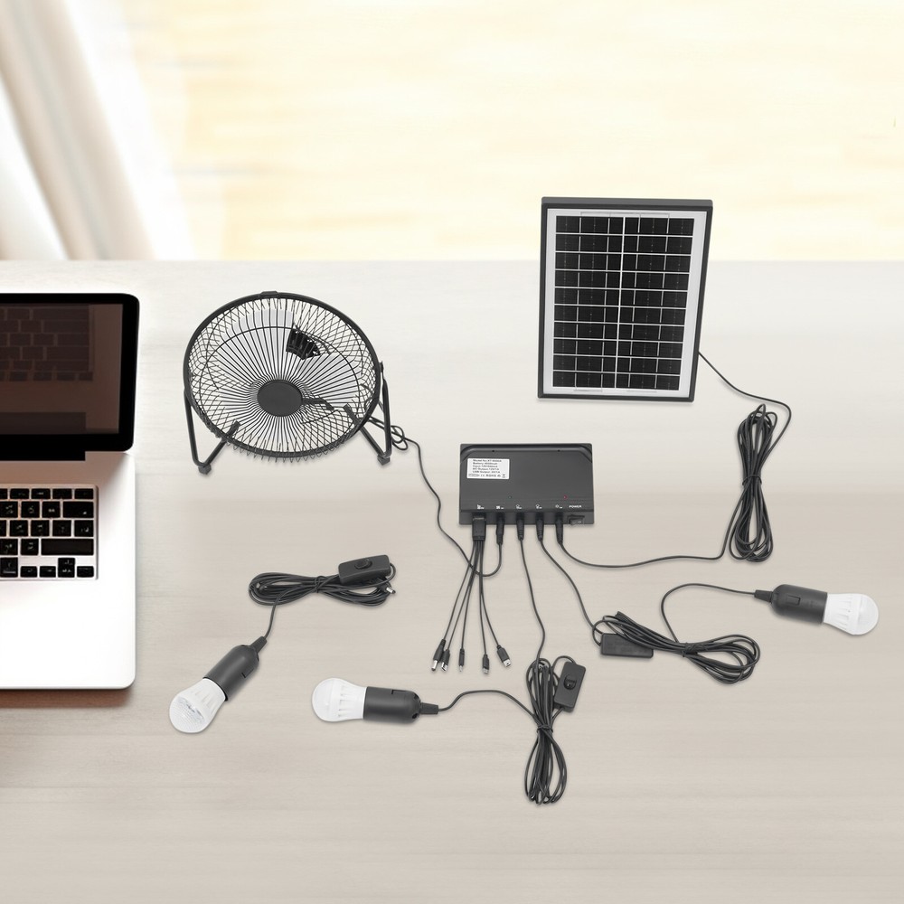 Solar Power Panel Kit Outdoor Camping USB Charging System W/ LED Light & 8" Fan