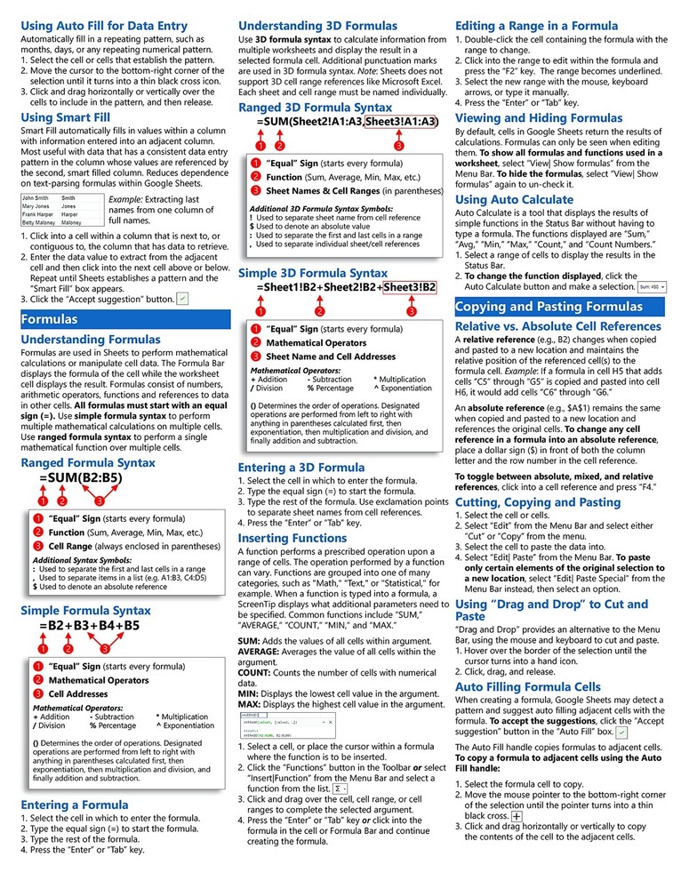 Google Sheets Training Guide Quick Reference Card 4 Page Cheat Sheet Help