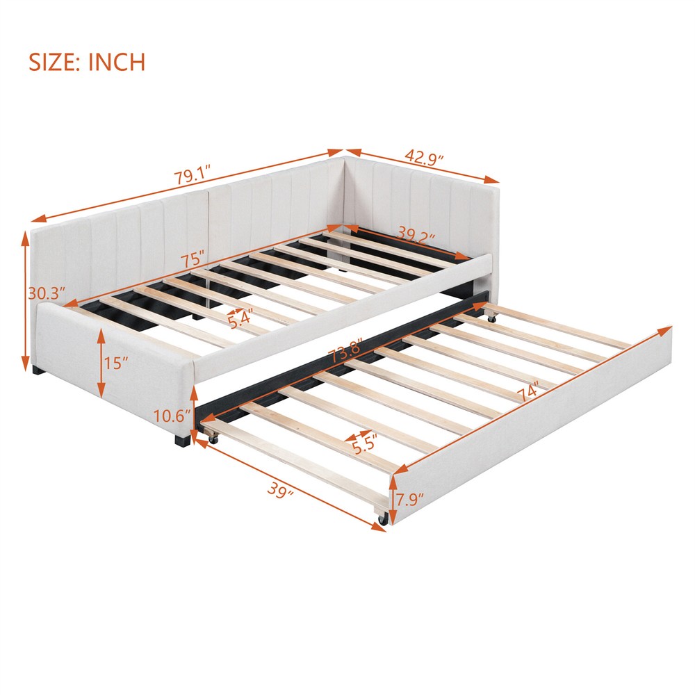 Twin Size Daybed w/ Pull Out Trundle Linen Upholstered Bed Frame Sofa Bed