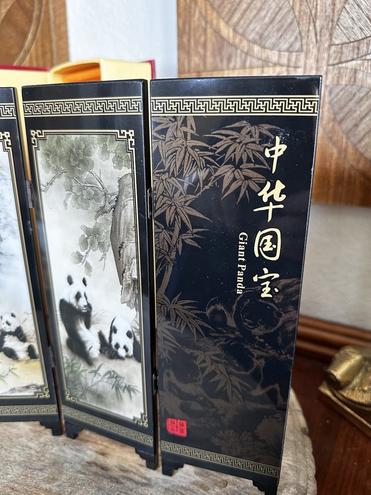 Chinese Panda Mini Folding Screen Black Lacquer Tabletop Art Boxed