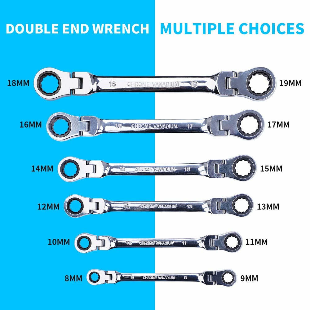 6Pcs Universal Double Box End Ratcheting Wrench Flex-Head Extra Long Spanner Set