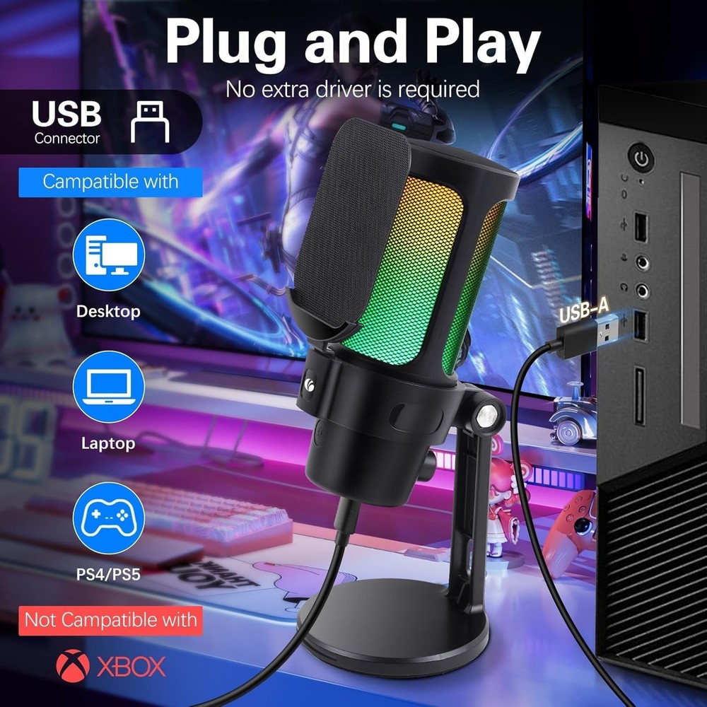 VCOM Gaming USB Microphone, Condenser Dynamic Mic for Podcasting, Streaming, wit