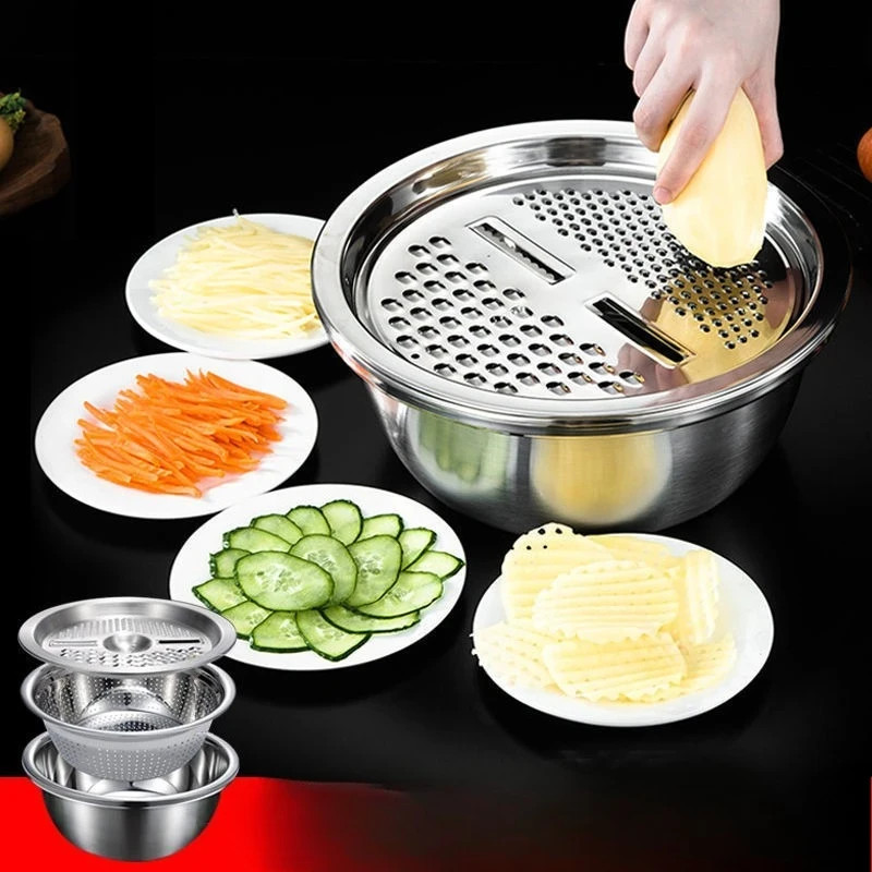 3 Pcs Kitchen Stainless Steel Multi-function Grater Slicer Washing Drain Basin
