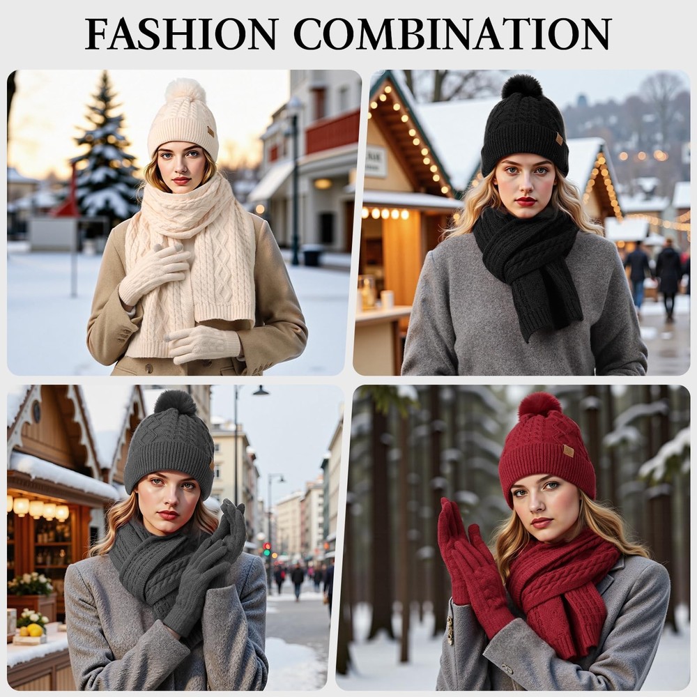 Winter Beanie Scarf Gloves Touchscreen Set