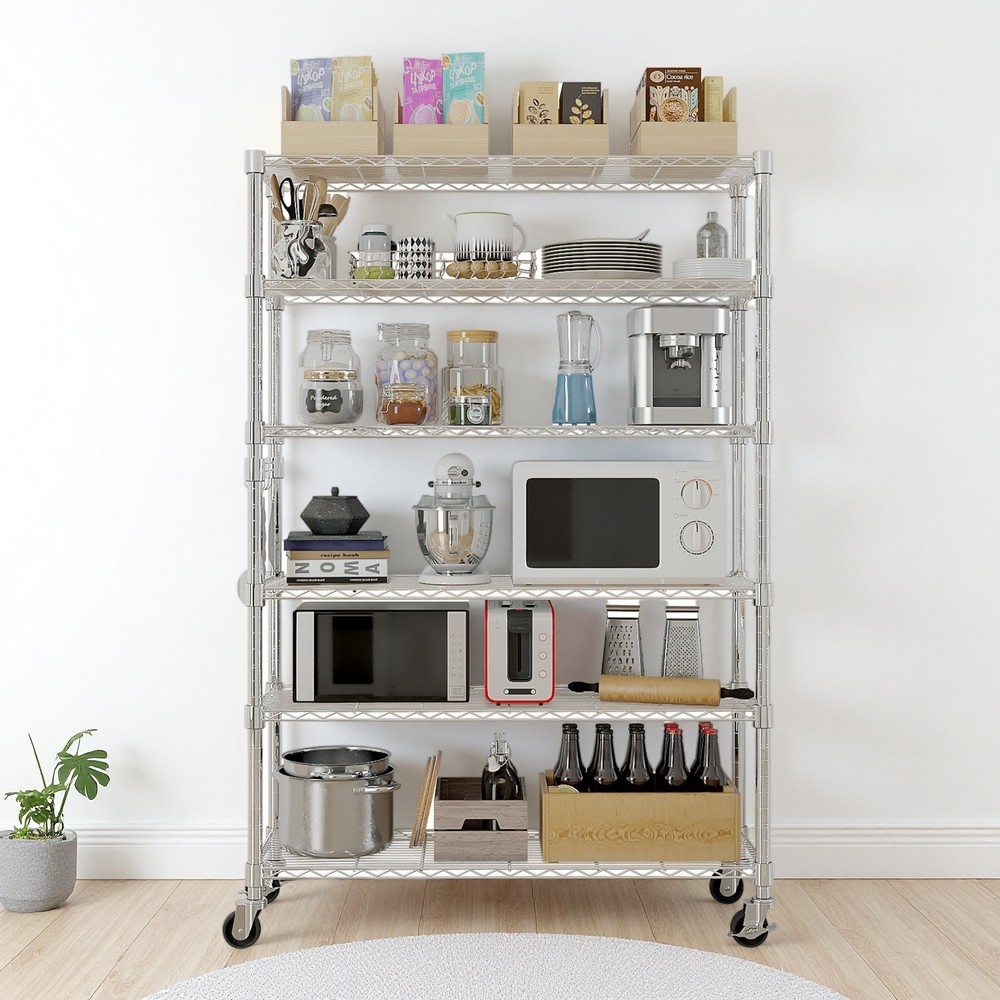 6-Tier Rolling Wire Shelving Unit - Heavy Duty, Adjustable, Silver & Hooks