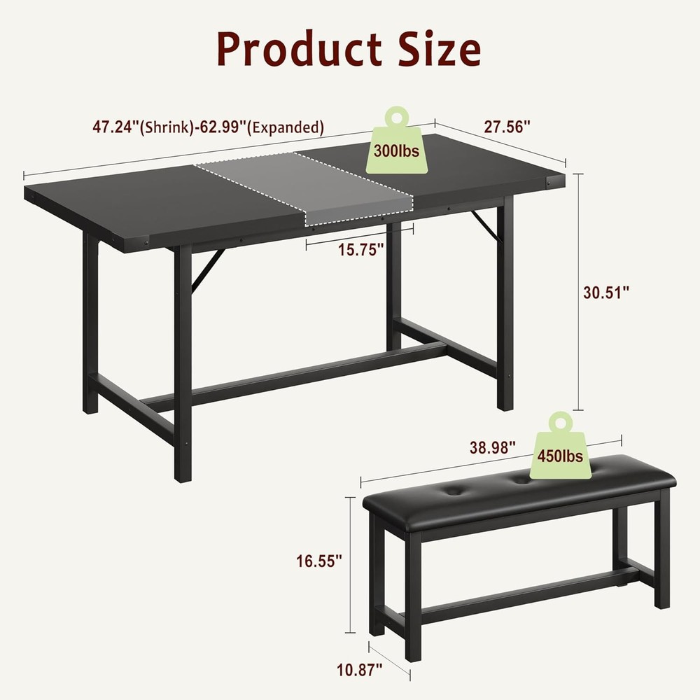 63 in Extendable Dining Table Set for 4-6 People 3-Piece Kitchen Table Set Black