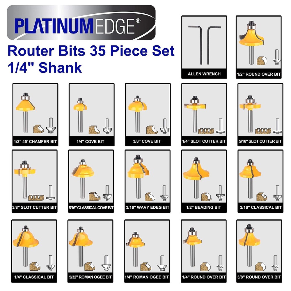 Platinumedge Router Bits Set, Tungsten Carbide Router Bits Set 1/4 Shank,