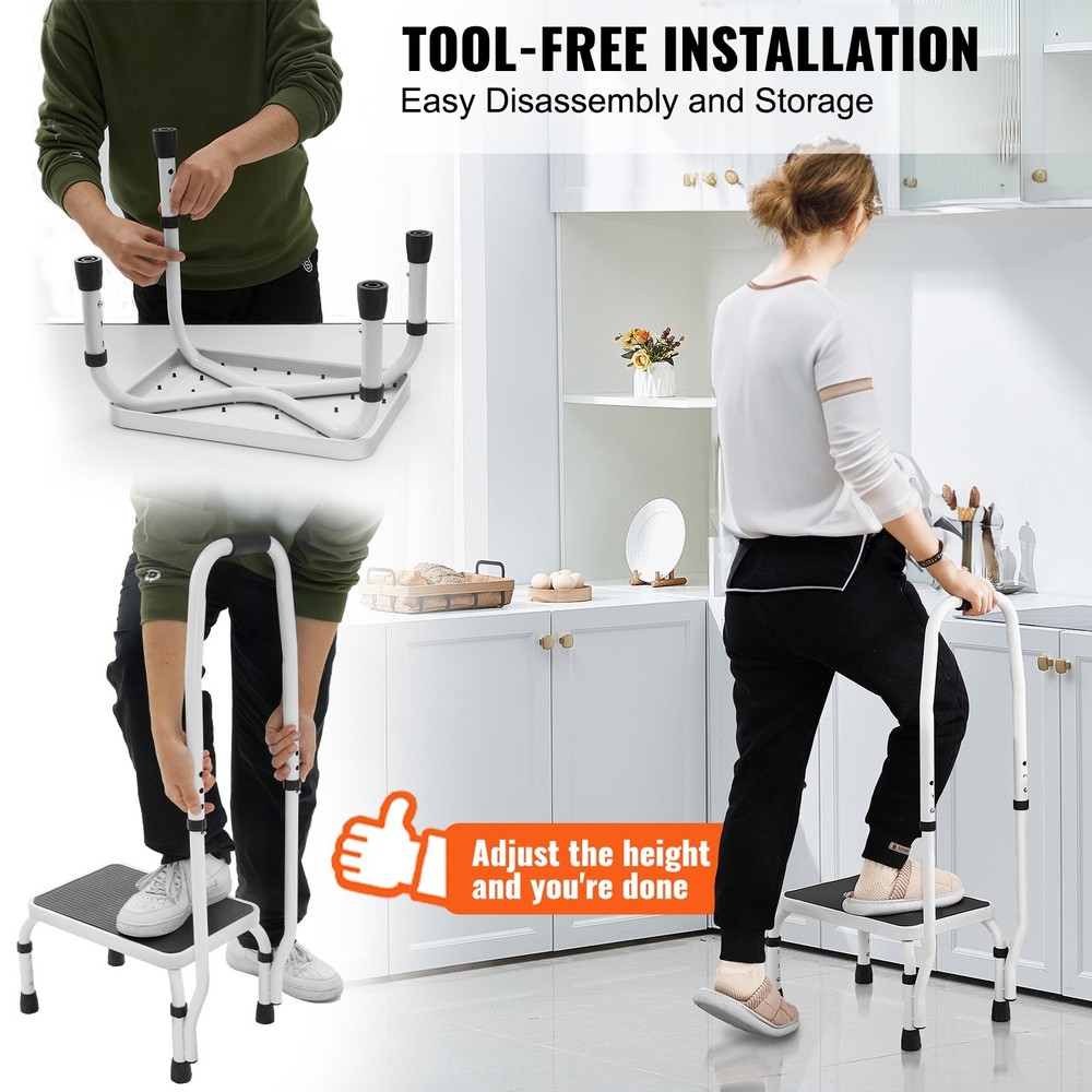 VEVOR Step Stool 1-Step 330lbs Capacity,3 Adjustable Height w/Handle Steel Step