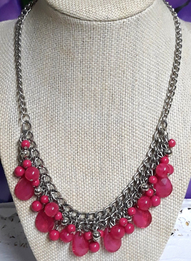 Fuchsia Artisan Lucite Dangle Multi Bead Necklace