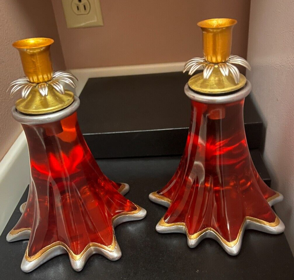 Susan Goldstick Candlestick Pair 7.5" Ruby Red Acrylic "Splash" Design Glam Mod