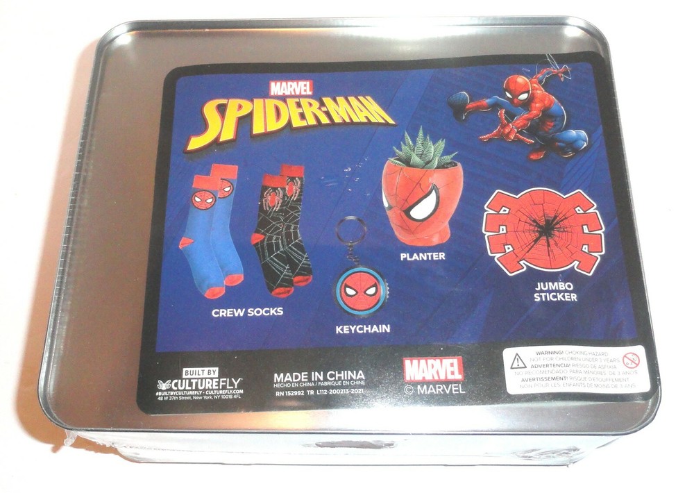Marvel Spider-Man Limited Edition Tin Lunch Box Gift Set: Socks,Planter READ