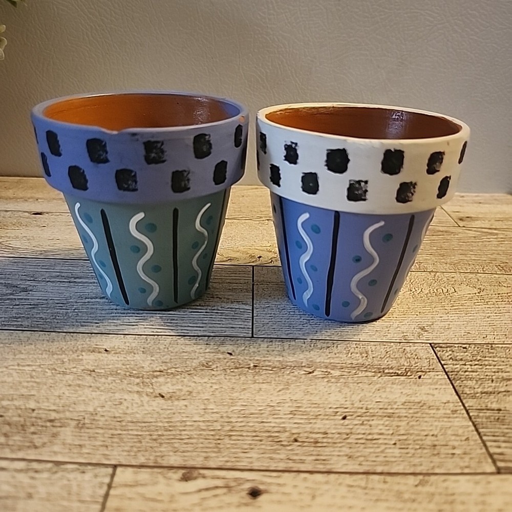 2 Small Hand Painted Planters Flower Pots Purple Aqua Check