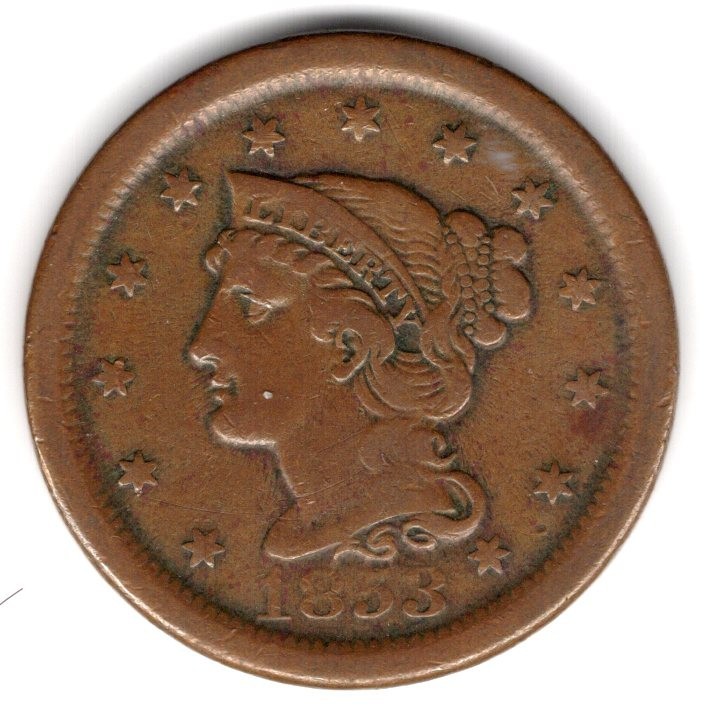 1853 Braided Hair Large Cent, VF