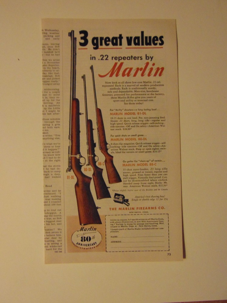 1950 MARLIN 22 cal Rifles 3 models- print ad