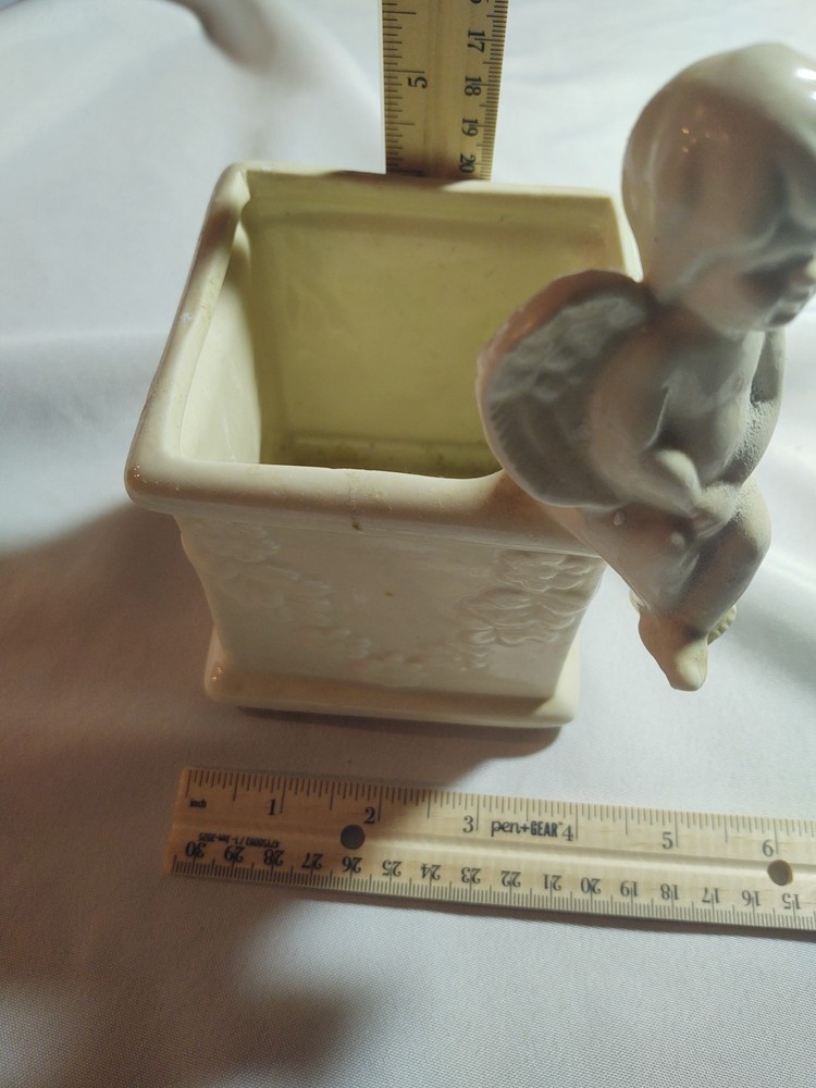 Vintage 70's Cherub Angel Planter Ivory Ceramic Rectangle Religious
