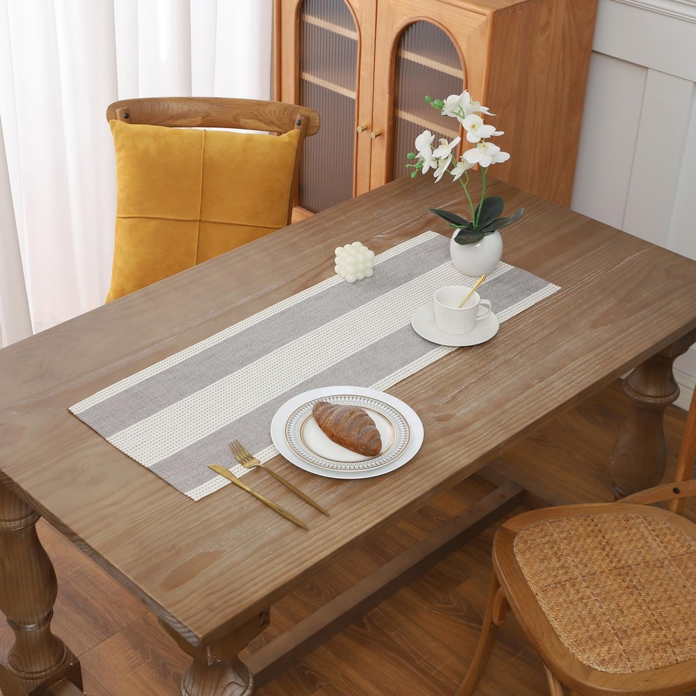 Gernaice Boho Table Runner, Rustic Striped Cotton Linen Farmhouse Table Runners
