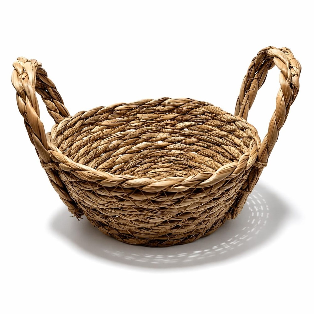 Small Handmade Woven Straw Basket Rustic Bread Fruit Storage Decor Handles