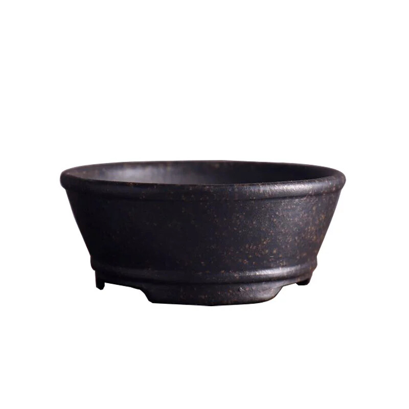 Chinese Ceramic Circle Bowl Bonsai Pot Hand Carved Vertical Stripes Pattern