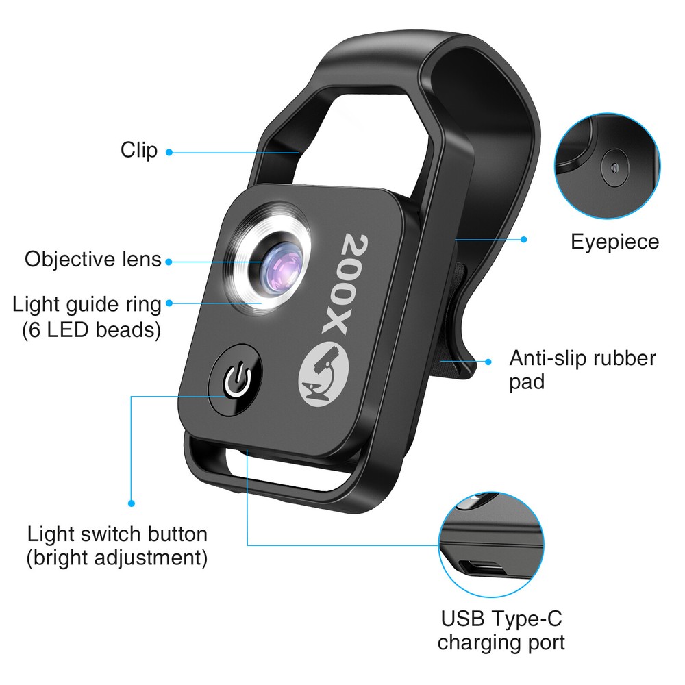 200X Microscope With CPL Lens Led Light Micro for iPhone Android Cell Phone US