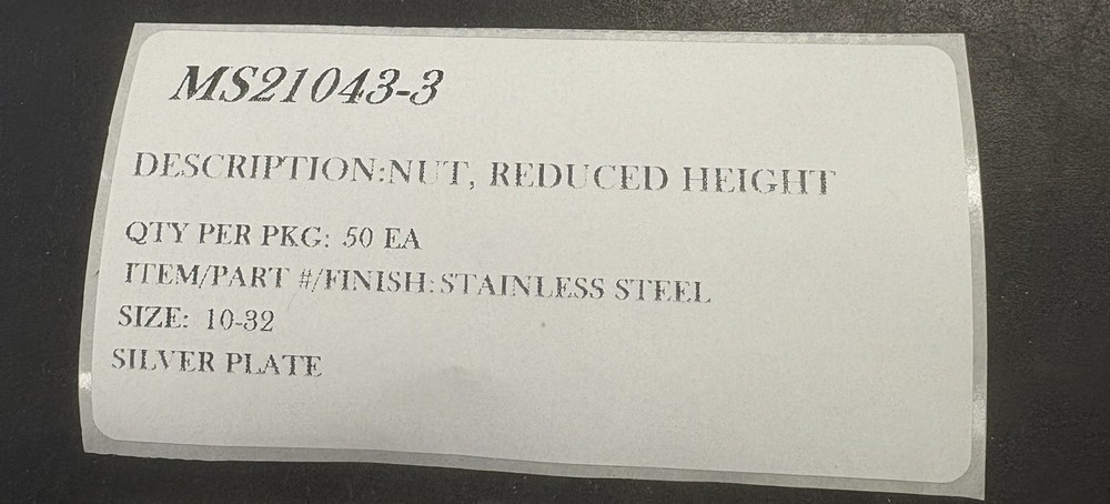 MS21043-3 NUT REDUCED HEIGHT STAINLESS SILVER PLATE SIZE 10-32 50EACH / PER PACK