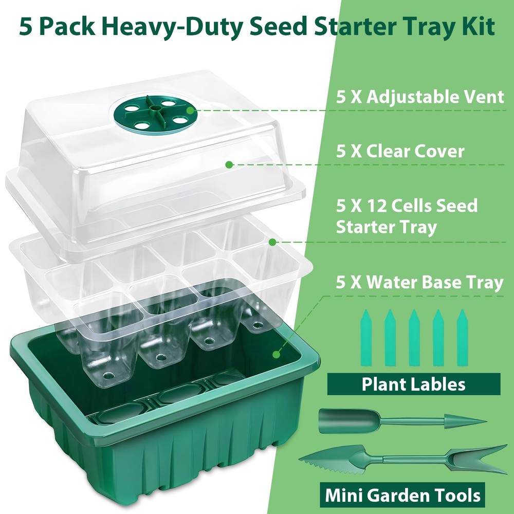5 Pack Seed Starter Tray Kit, 60 Cells Seedling Starter Trays with Humidity D...