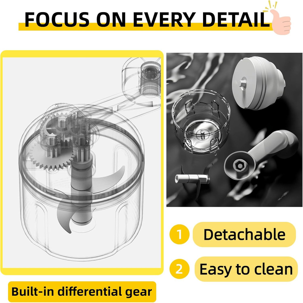 Multi-Functional Manual Food Processor Vegetable Chopper, Hand-Powered Handle On