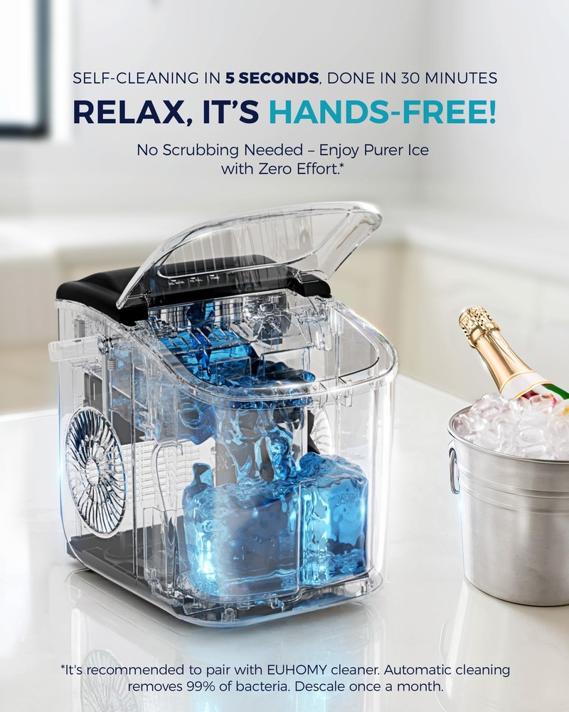 EUHOMY Countertop Ice Maker Machine with Handle, 26lbs in 24Hrs, 9 Ice Cubes ...