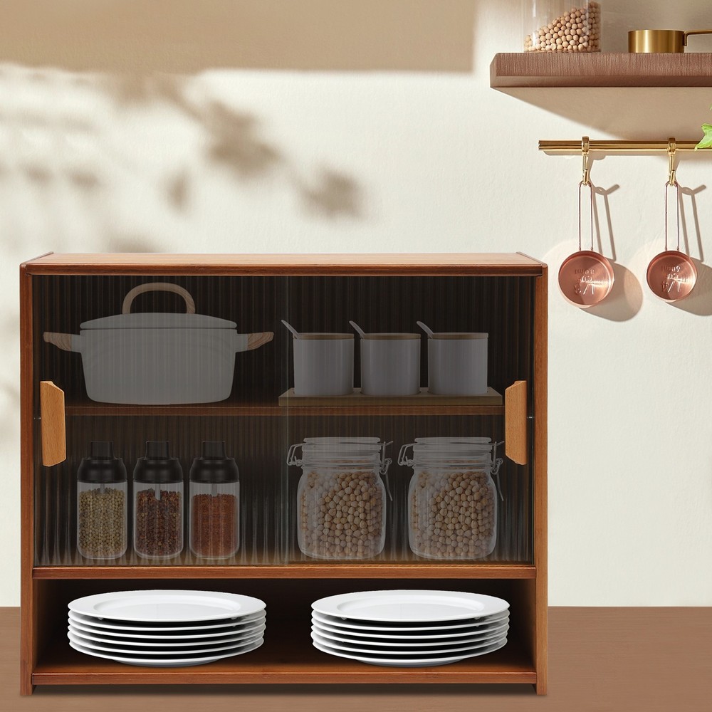 Kitchen Pantry Sideboard Bamboo Small Storage Cabinet Sliding Door Cupboard