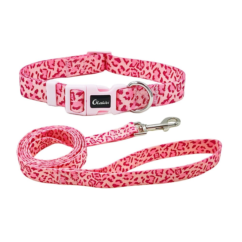 Dog Collar Leash Set, Leopard Pattern, Polyester Material, Adjustable Collar ...