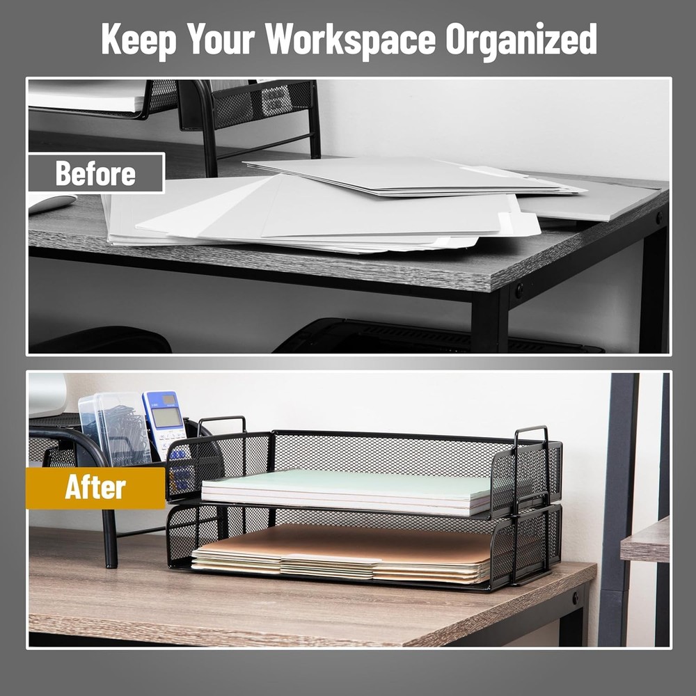 Stackable Paper Tray, Desktop Organizer, File Storage, Metal Mesh, 2 Pcs., Black
