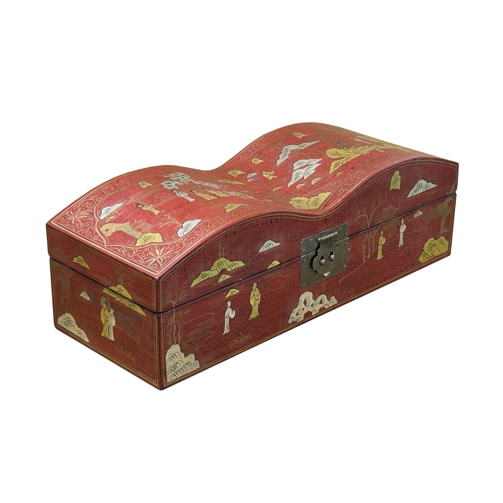 Red Lacquer Chinoiserie-style Gold Silver Scenery Graphic Rectangular Box GB230